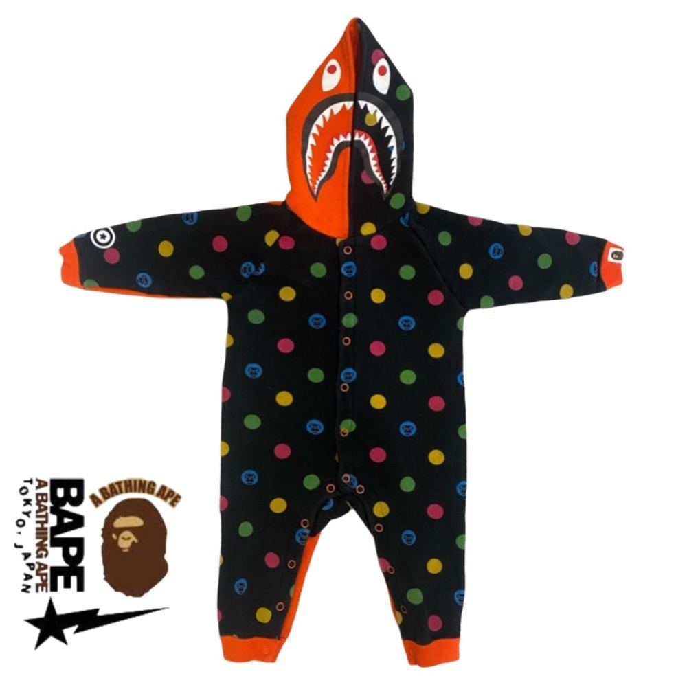 Bathing Ape Bape Kids Polka Dot Shark Hoodie Onesie Authentic